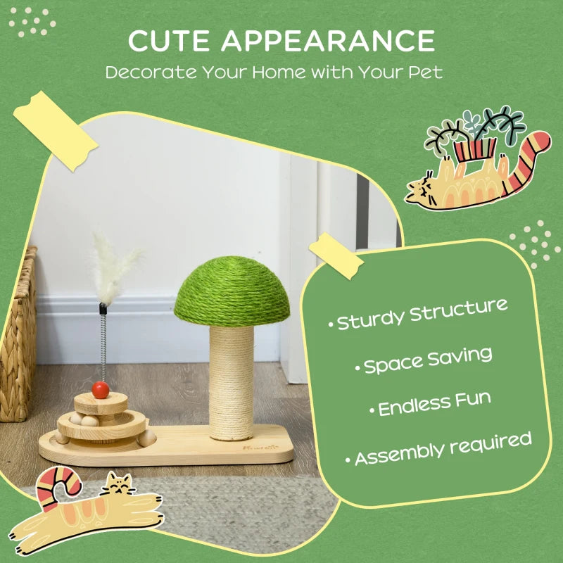 Mushroom-Shaped Cat-Scratching Post for Indoor with Toy Balls & Feather - Beige
