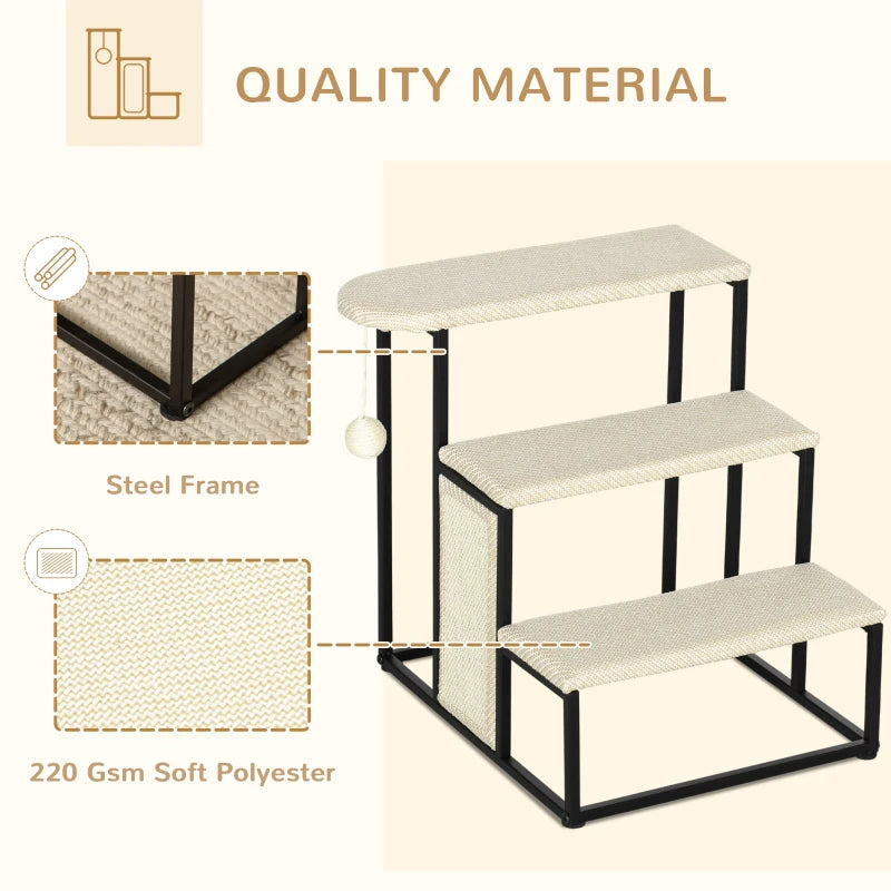 Cat 3-step Stairs with Scratching Board, Hanging Ball, Steel Frame-Cream Pawhut