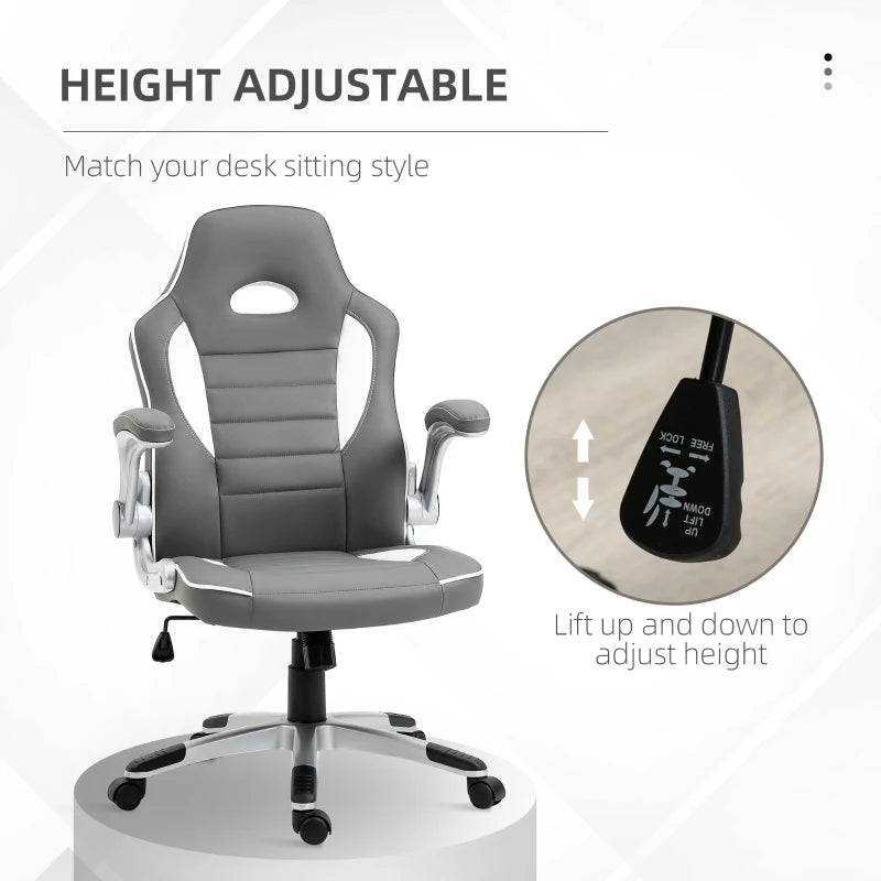 Vinsetto Height Adjustable Swivel Gaming Chair, Flip Up Armrests, PU Leather Grey