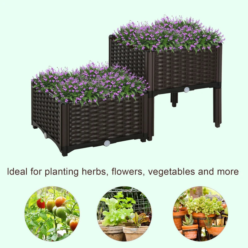 Outsunny PP Set Of 2 Raised Outdoor Garden Planter Box, 40Lx40Wx44Hcm,Brown