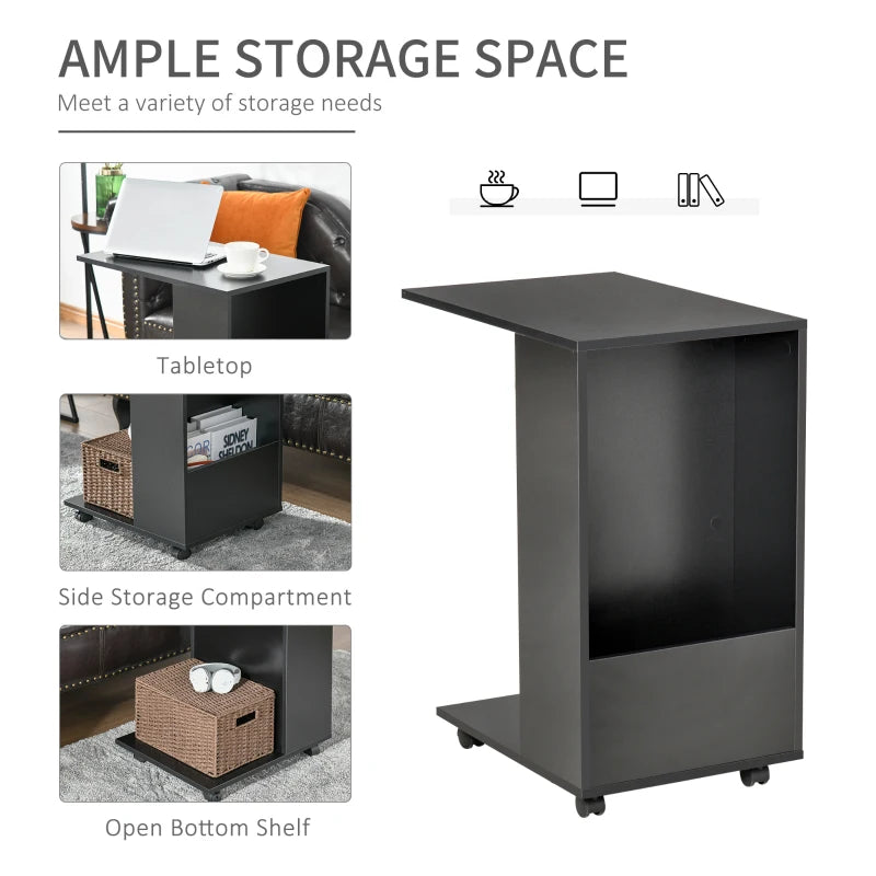 C-Shaped Sofa Side Table for Laptop Coffee w/ Storage and Casters, Homcom Black