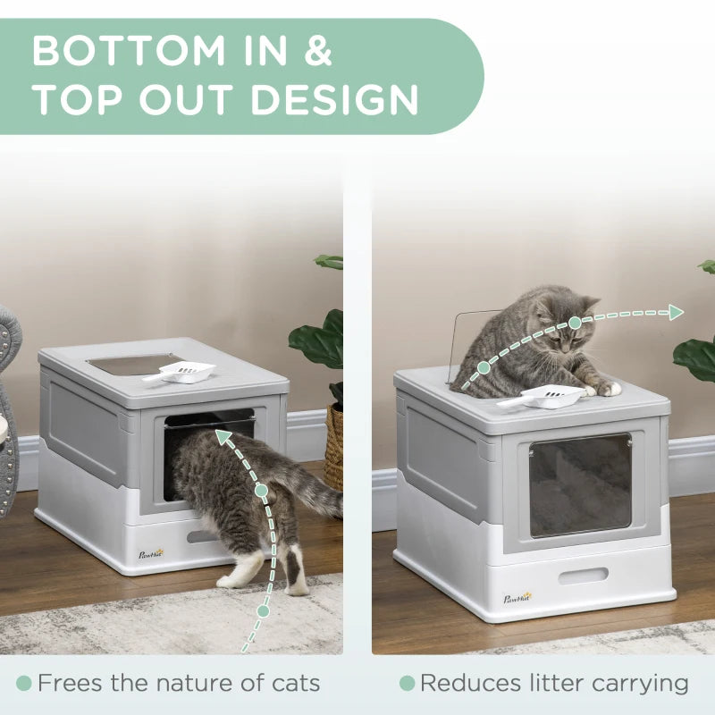 PawHut Portable Hooded Cat Litter Box Scoop Included, Litter Tray w/ 2 Exit, Grey