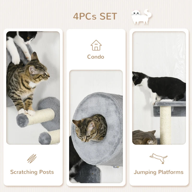 Pawhut Four-Piece Wall-Mounted Cat Tree with Platforms, Steps, Cat House - Grey