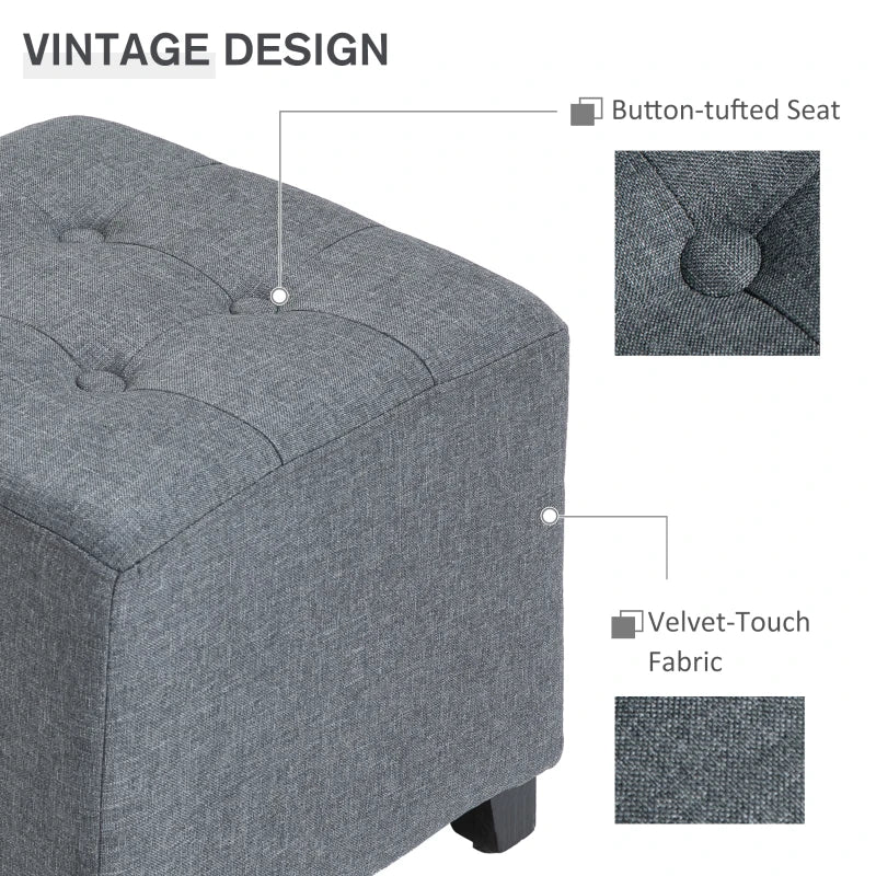 Homcom Linen-Look Square Retro Design Footstool Button Tufts Wood Frame Padding