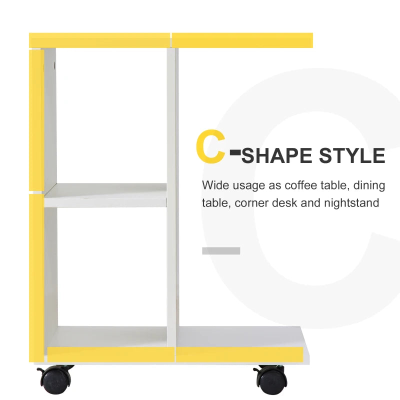 2 Shelves C-Shape End Table Storage Unit 4 Wheels Home Office White Homcom, 1 Pc