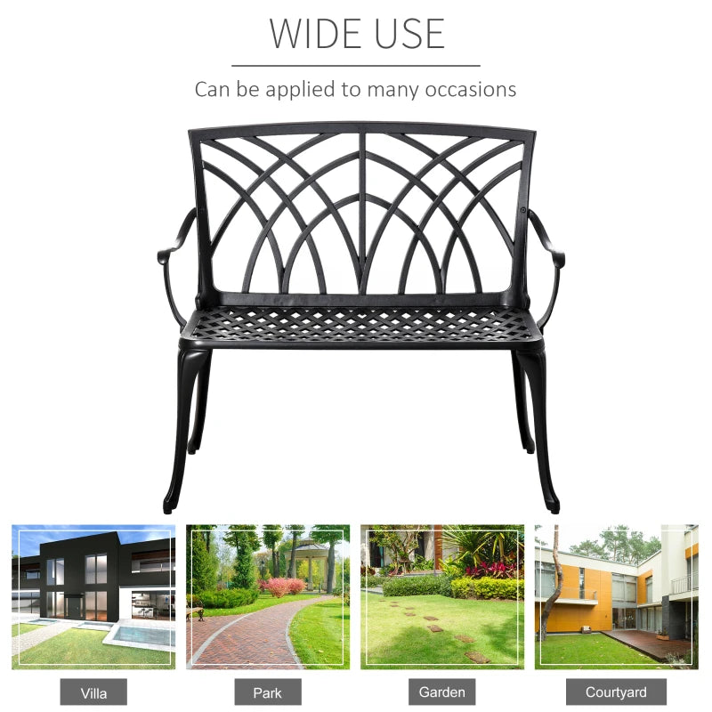 Outsunny Ergonomic 2-Seater Cast Aluminium Garden Bench Loveseat Armrest, 1 Pcs