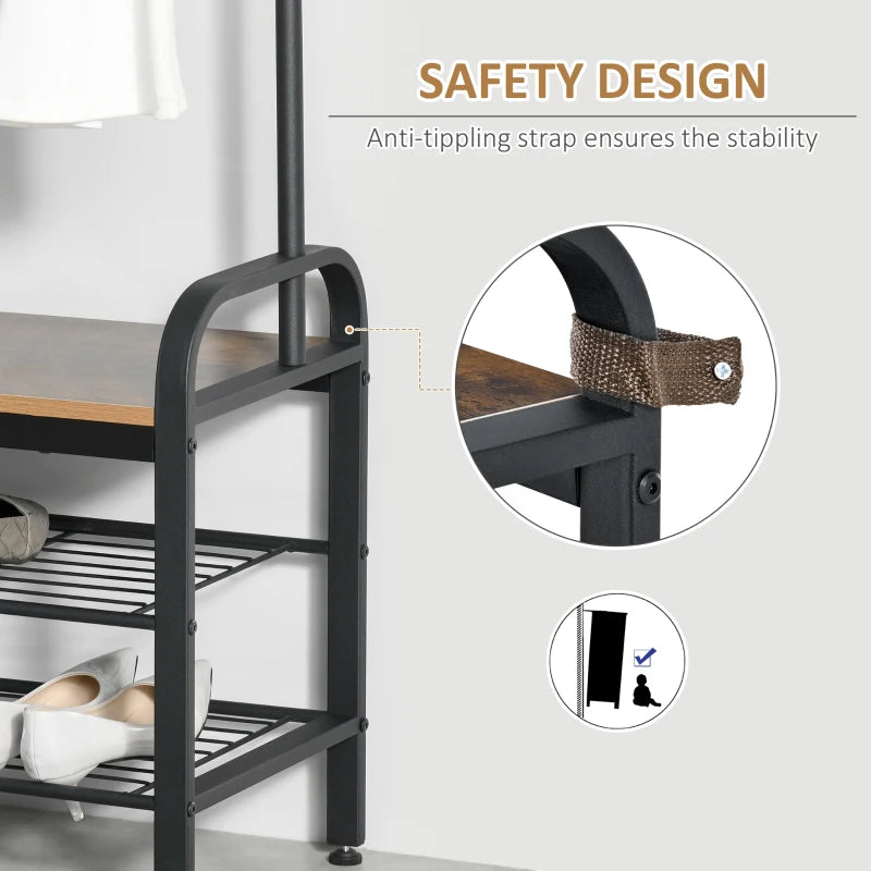 HOMCOM Coat & Shoe Rack Removable Hooks Metal Wood ,72×34×185(cm), Rustic Brown