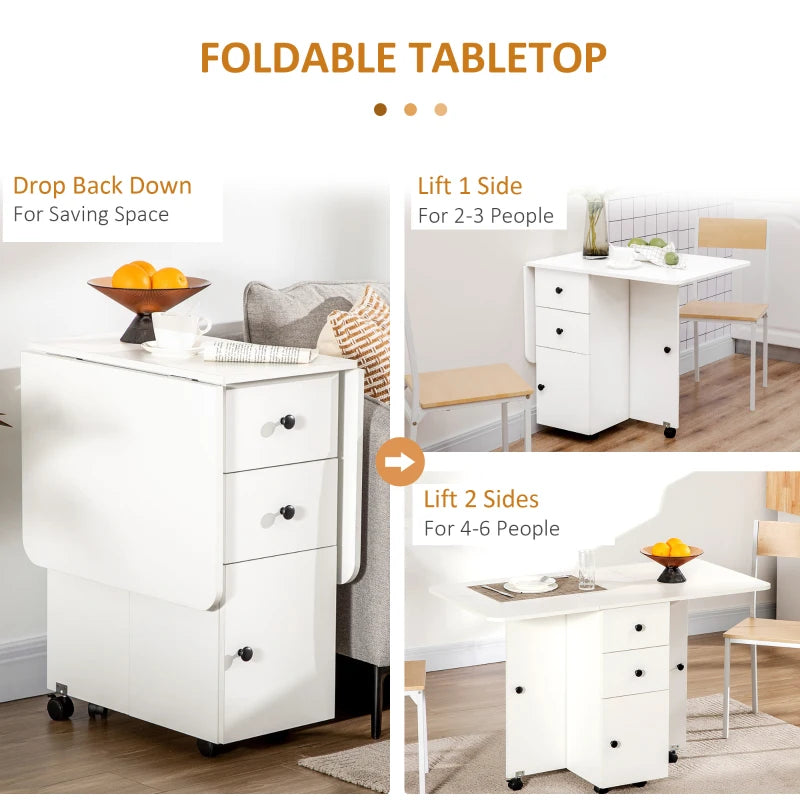 Homcom Folding Dining Table, Drop Leaf Table Top With Two Storage Drawers White