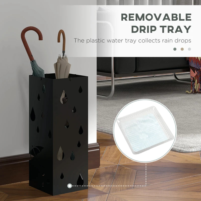 HOMCOM Heavy Duty Square Umbrella Basket w/ 4 Hooks & Drip Tray | Black, Metal