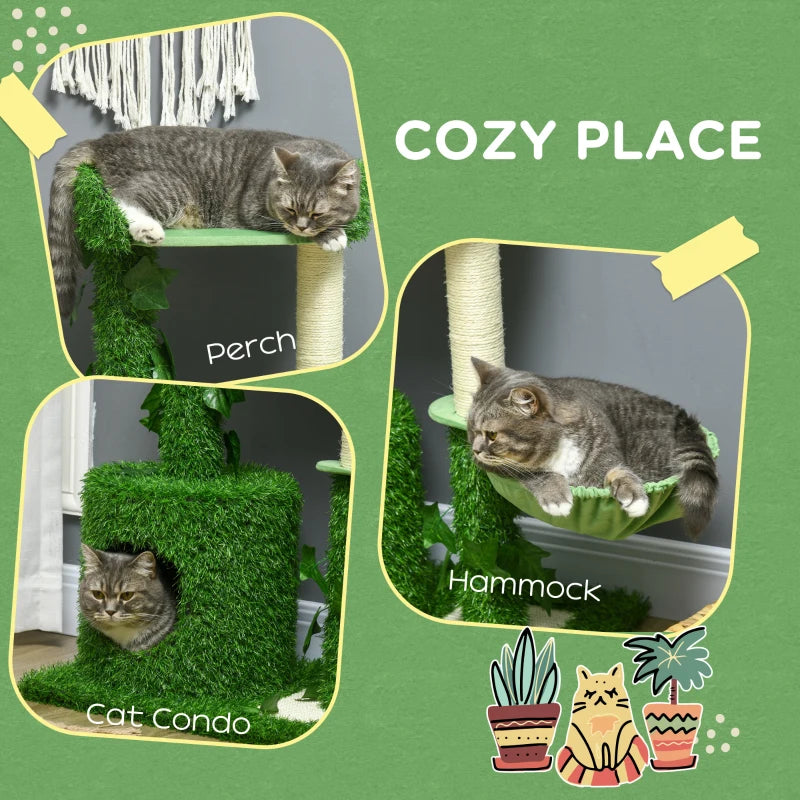PawHut Cat Tree for Indoor Cats w/ Green Leaves, Scratching Posts 77Hx60Wx40D cm