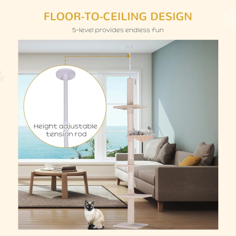 Pawhut 5 - Tier Floor to Ceiling Cat Tree Scratching Post Tower Activity Center
