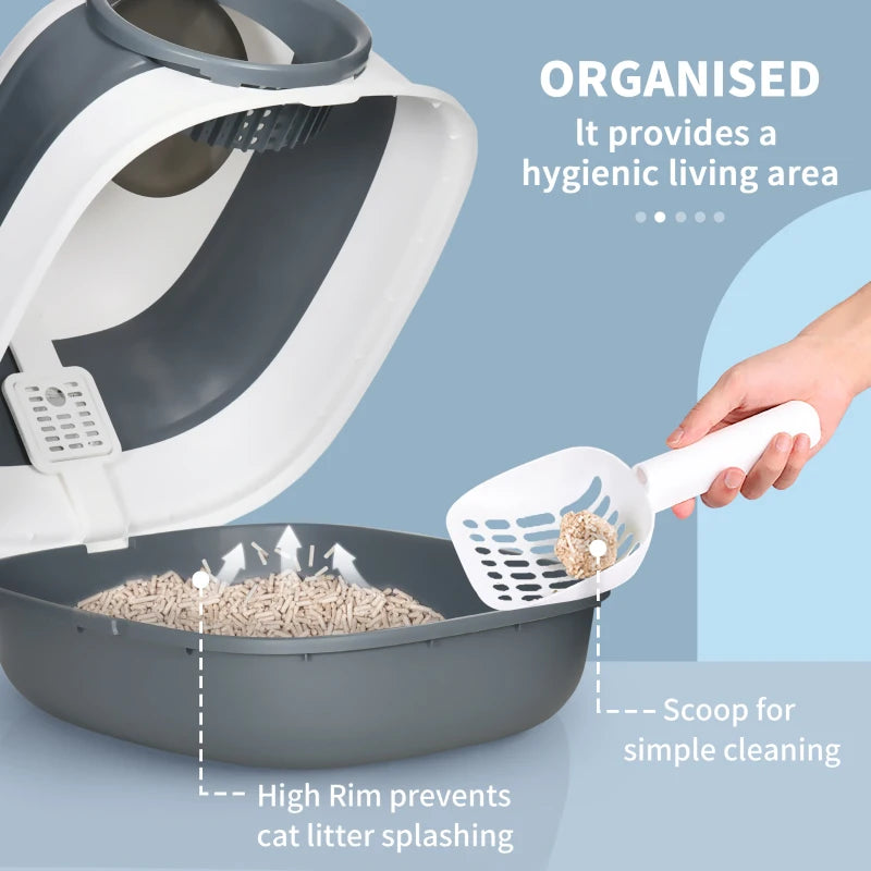 PawHut Hooded Cat Litter Tray w/ Lid,Large Two-way Entrance, Scoop Included,Grey