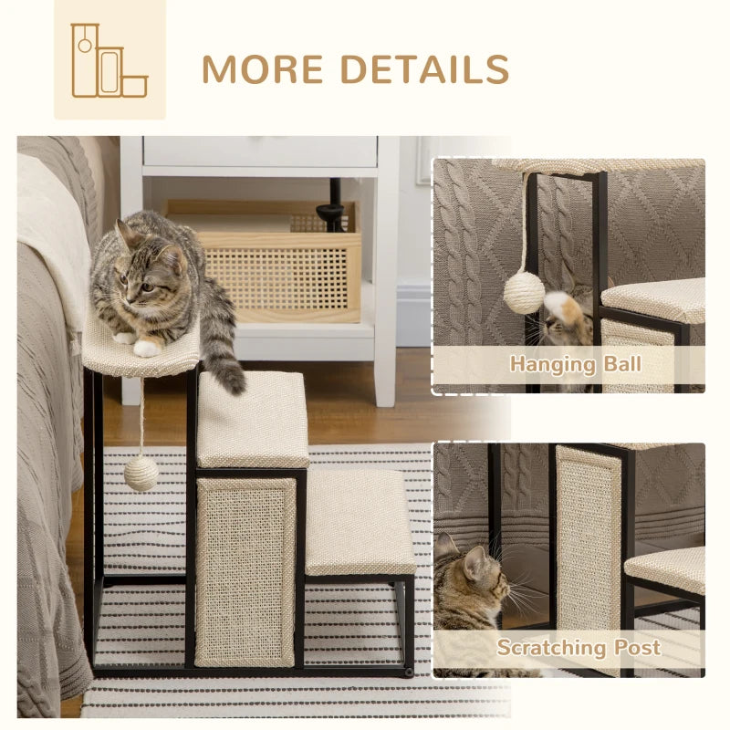 Cat 3-step Stairs with Scratching Board, Hanging Ball, Steel Frame-Cream Pawhut