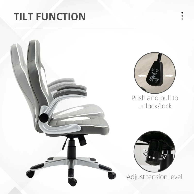 Vinsetto Height Adjustable Swivel Gaming Chair, Flip Up Armrests, PU Leather Grey