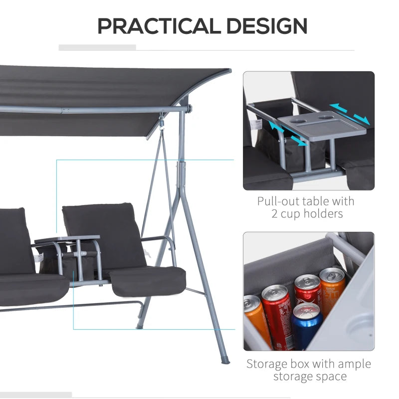 Outsunny Steel Frame 2-Seater Swing Chair with Table & Cup Storage Holder Grey
