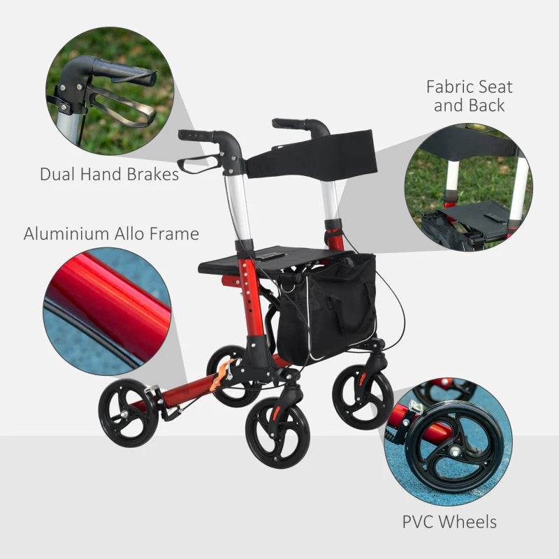 HOMCOM Adjustable Folding Rollator Walker w/ Seat Storage Pocket for Seniors