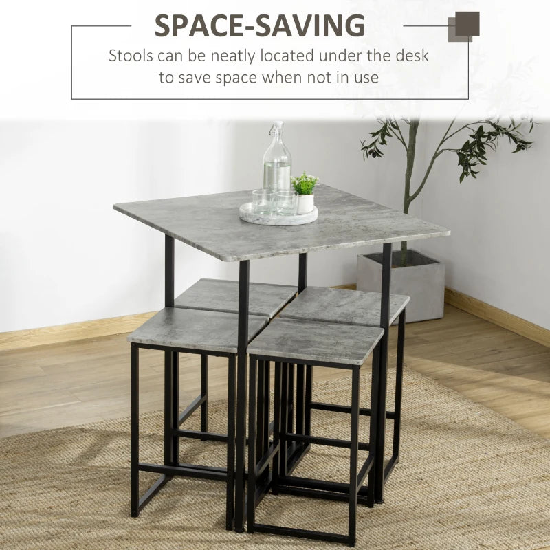 HomCom Square Bar Table w/ Dining Table Set for 4 People W/ Stools,Concrete Grey