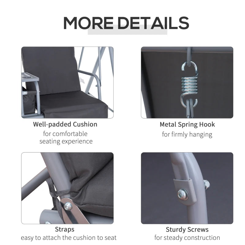 Outsunny Steel Frame 2-Seater Swing Chair with Table & Cup Storage Holder Grey