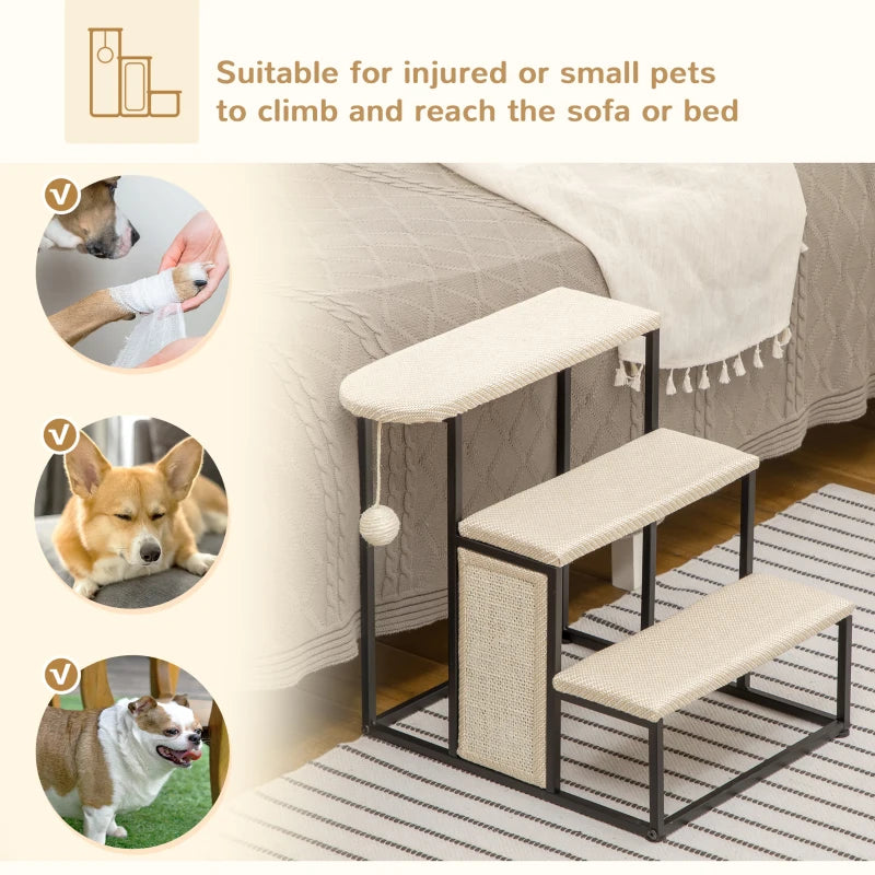 Cat 3-step Stairs with Scratching Board, Hanging Ball, Steel Frame-Cream Pawhut
