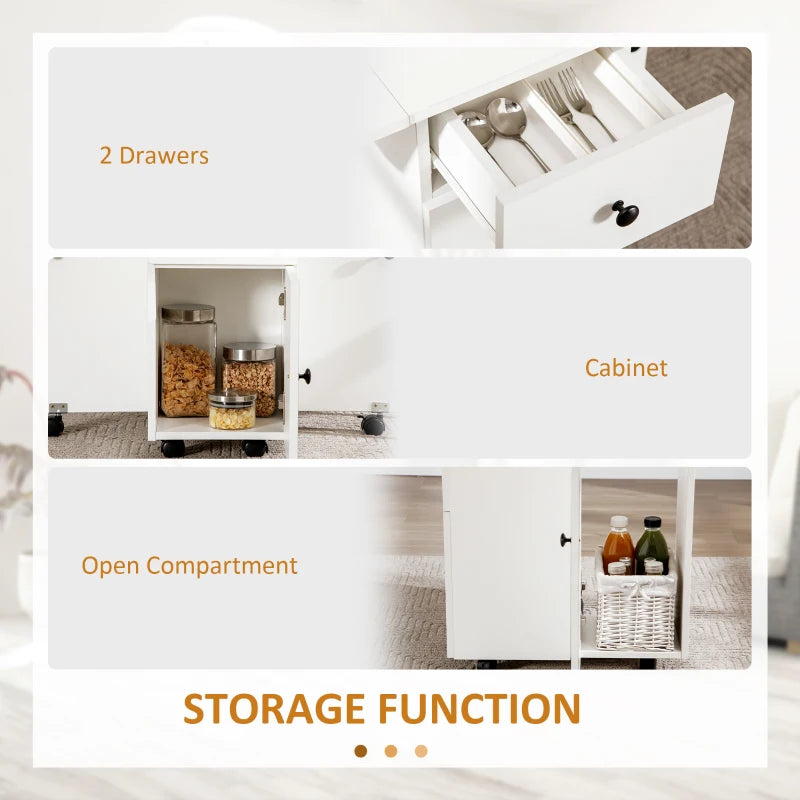 Homcom Folding Dining Table, Drop Leaf Table Top With Two Storage Drawers White