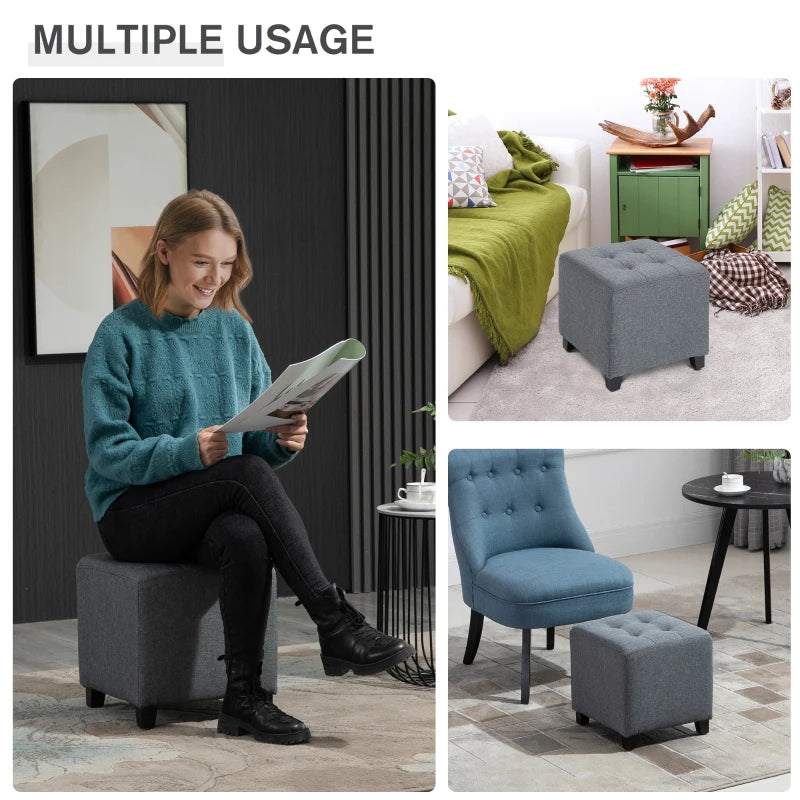 Homcom Linen-Look Square Retro Design Footstool Button Tufts Wood Frame Padding