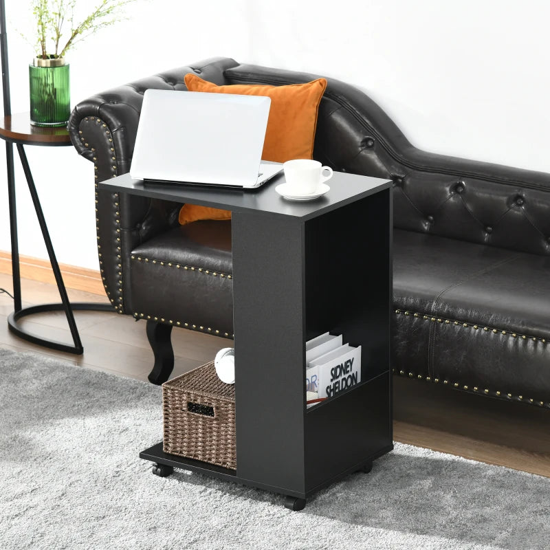 C-Shaped Sofa Side Table for Laptop Coffee w/ Storage and Casters, Homcom Black