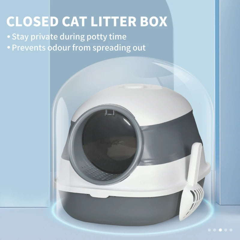 PawHut Hooded Cat Litter Tray w/ Lid,Large Two-way Entrance, Scoop Included,Grey