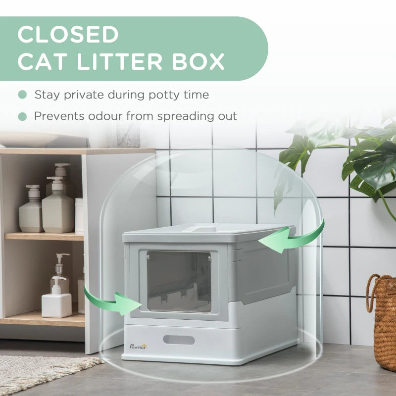 PawHut Portable Hooded Cat Litter Box Scoop Included, Litter Tray w/ 2 Exit, Grey