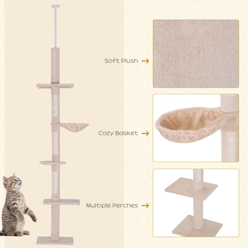 Pawhut 5 - Tier Floor to Ceiling Cat Tree Scratching Post Tower Activity Center