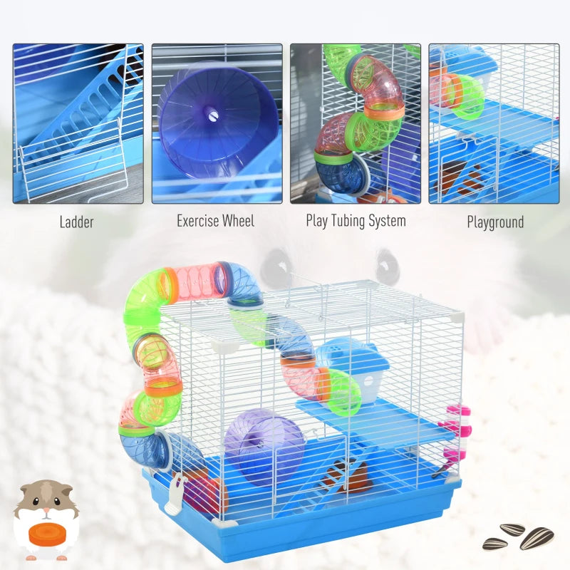 Multi-Activity Hamster Cage Carrier Small w/ Exercise Wheel, Tunnel Tube Pawhut