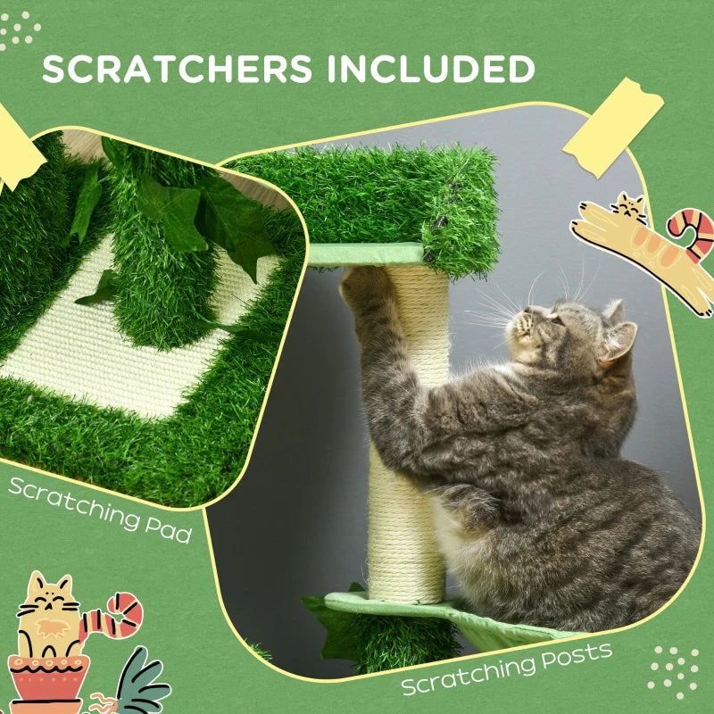 PawHut Cat Tree for Indoor Cats w/ Green Leaves, Scratching Posts 77Hx60Wx40D cm