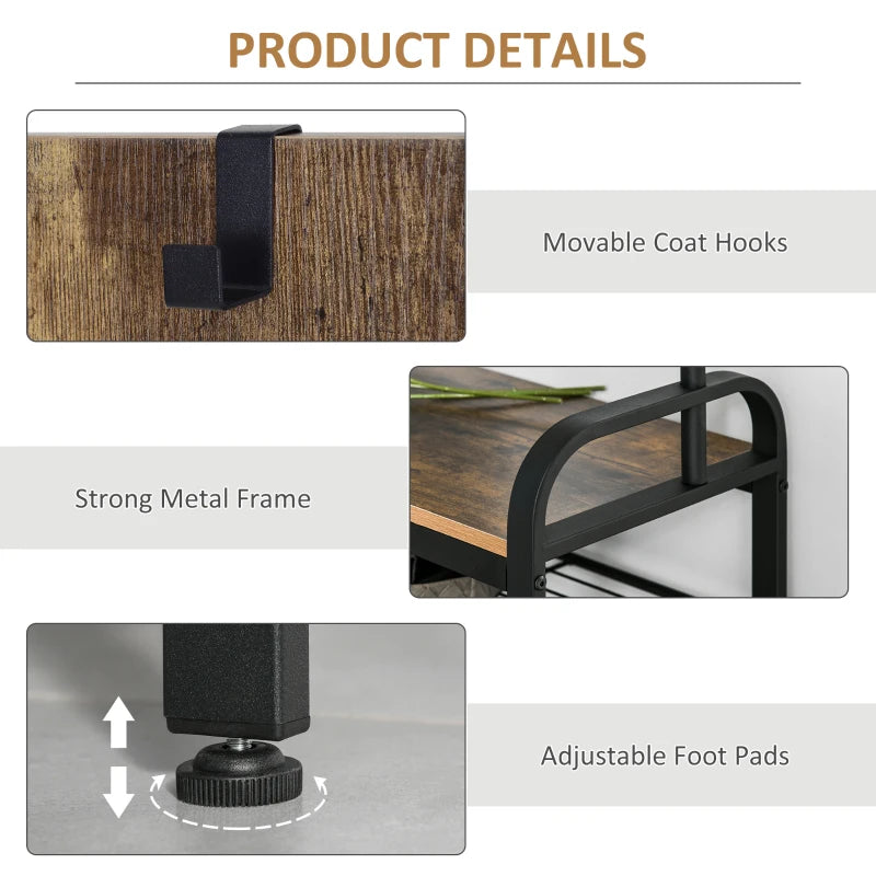 HOMCOM Coat & Shoe Rack Removable Hooks Metal Wood ,72×34×185(cm), Rustic Brown