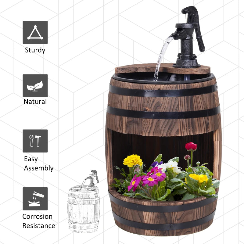 Outsunny Wood Barrel Fountain Retro Water Pump Feature Flower Planter, 3600 RPM