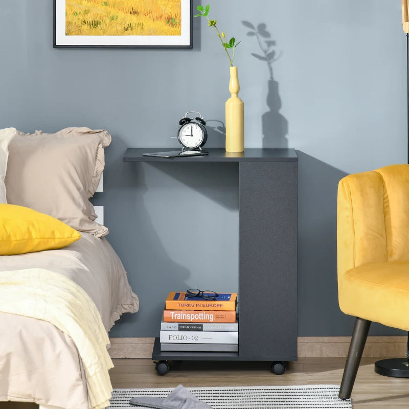 C-Shaped Sofa Side Table for Laptop Coffee w/ Storage and Casters, Homcom Black