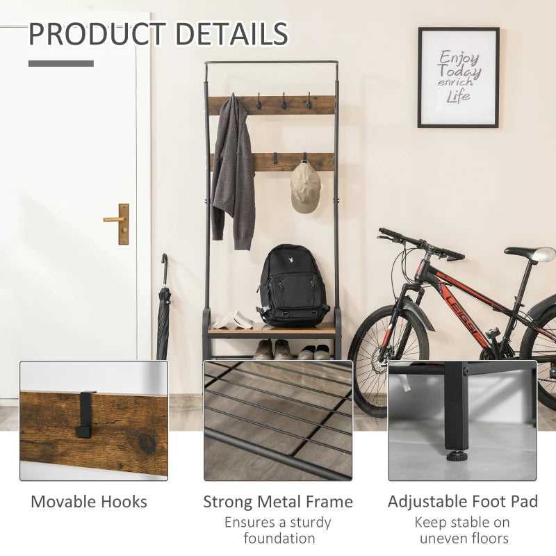 HOMCOM Coat & Shoe Rack Removable Hooks Metal Wood ,72×34×185(cm), Rustic Brown