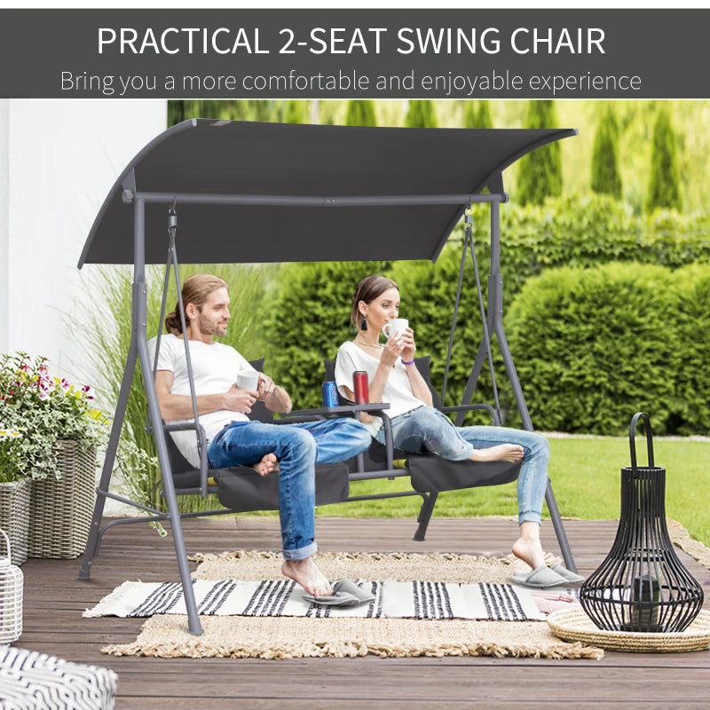 Outsunny Steel Frame 2-Seater Swing Chair with Table & Cup Storage Holder Grey