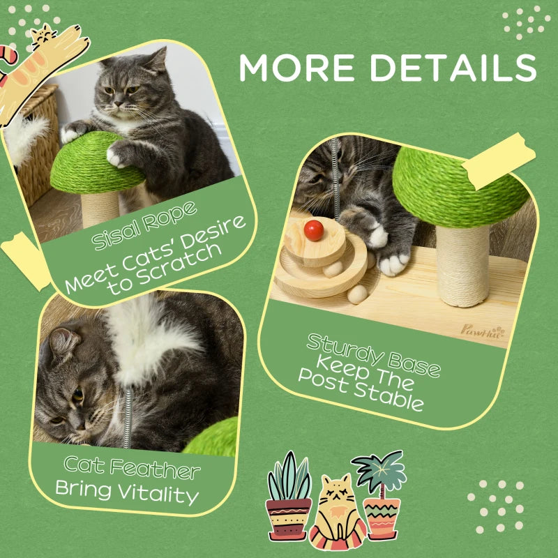 Mushroom-Shaped Cat-Scratching Post for Indoor with Toy Balls & Feather - Beige