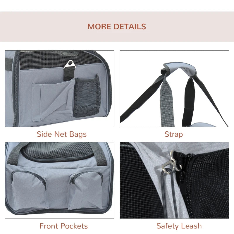 Pawhut Folding Pets Carrier Bag Car Seat Portable Travel Cage Mesh Holder | Grey