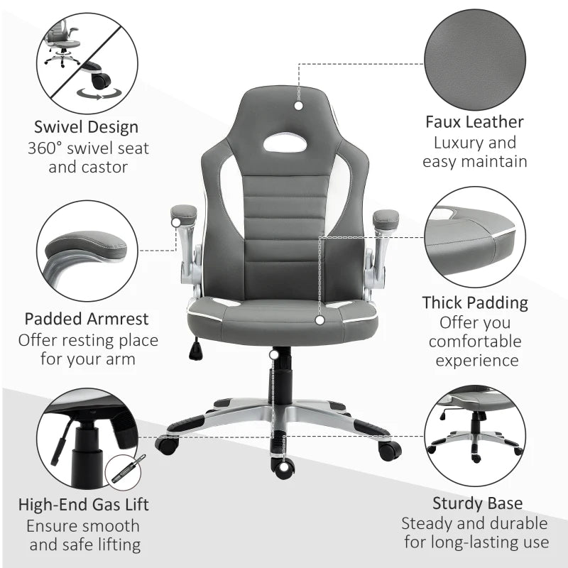 Vinsetto Height Adjustable Swivel Gaming Chair, Flip Up Armrests, PU Leather Grey