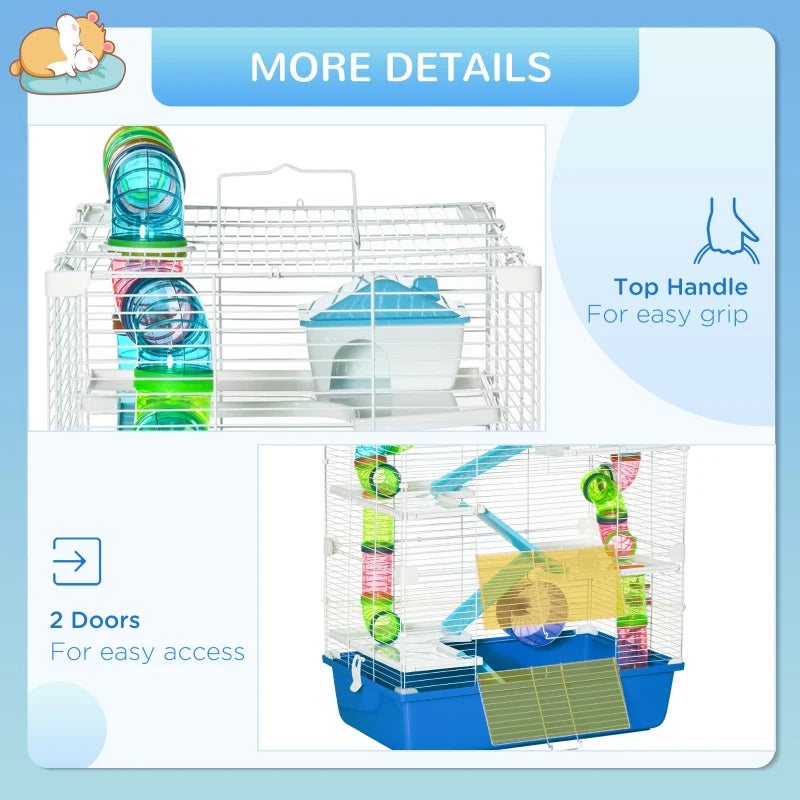 Multi-Activity 5-Level Hamster Cage w/ Tubes,Water Bottle,Exercise Wheel - Blue