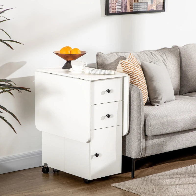 Homcom Folding Dining Table, Drop Leaf Table Top With Two Storage Drawers White