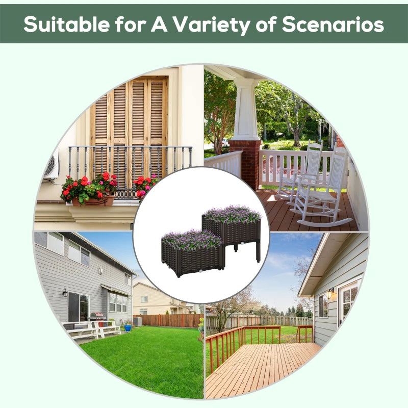 Outsunny PP Set Of 2 Raised Outdoor Garden Planter Box, 40Lx40Wx44Hcm,Brown