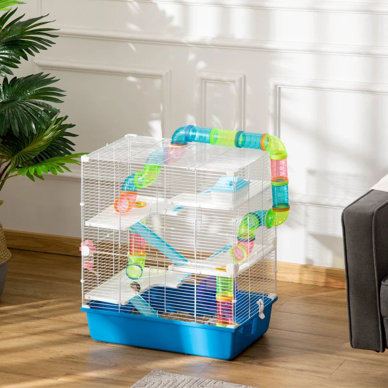 Multi-Activity 5-Level Hamster Cage w/ Tubes,Water Bottle,Exercise Wheel - Blue