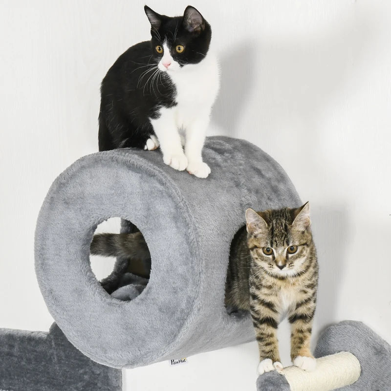 Pawhut Four-Piece Wall-Mounted Cat Tree with Platforms, Steps, Cat House - Grey