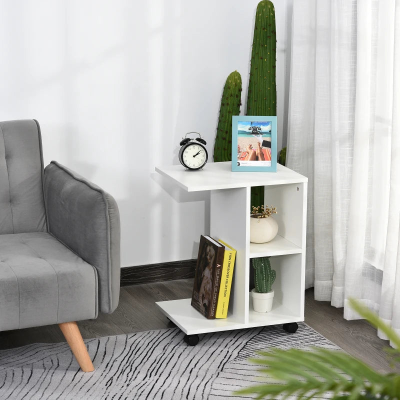 2 Shelves C-Shape End Table Storage Unit 4 Wheels Home Office White Homcom, 1 Pc
