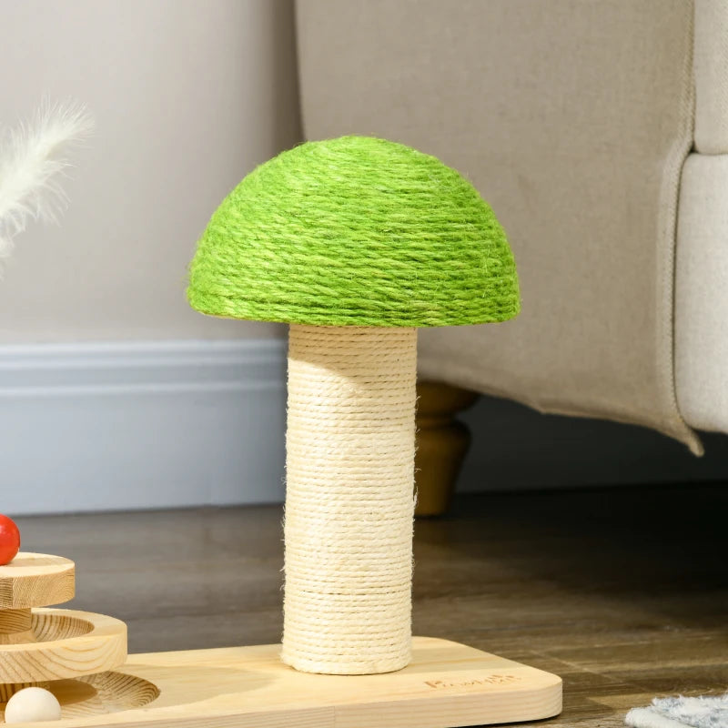 Mushroom-Shaped Cat-Scratching Post for Indoor with Toy Balls & Feather - Beige