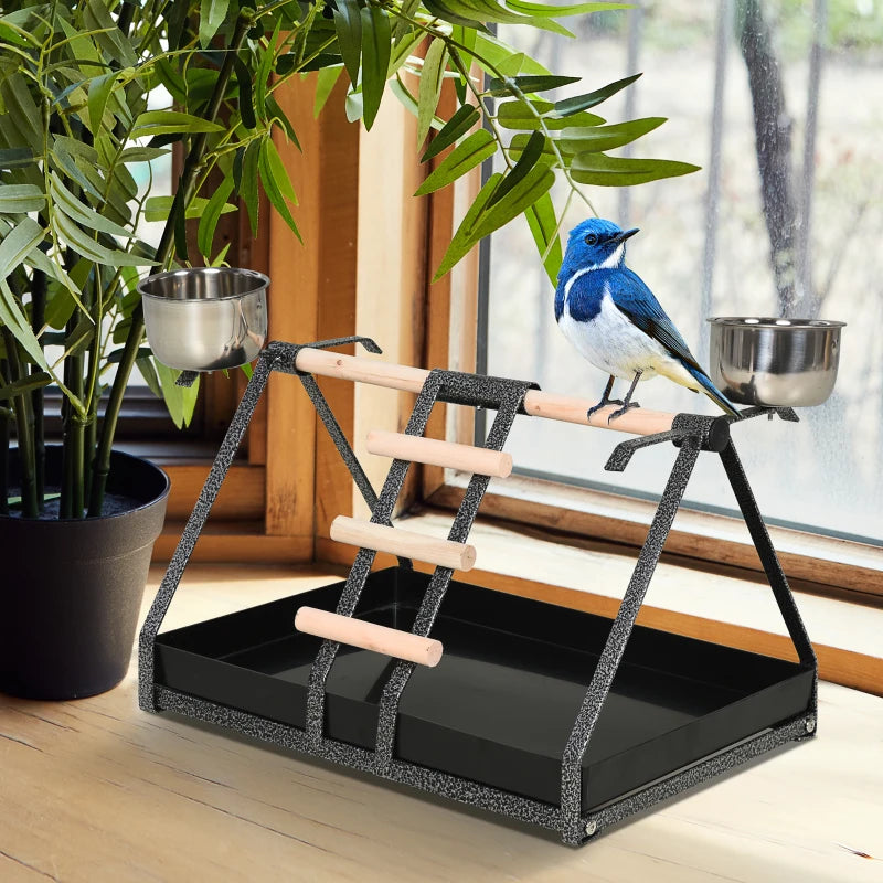 PawHut Portable Bird Stand Resting StainlessSteel Base Perch with Ladder & Bowls