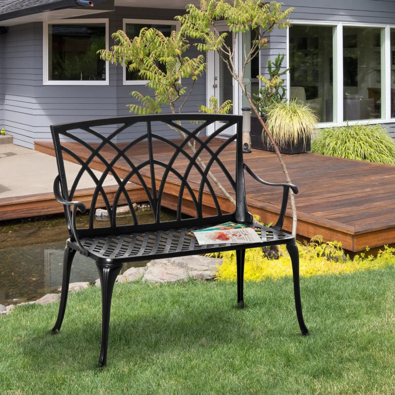 Outsunny Ergonomic 2-Seater Cast Aluminium Garden Bench Loveseat Armrest, 1 Pcs