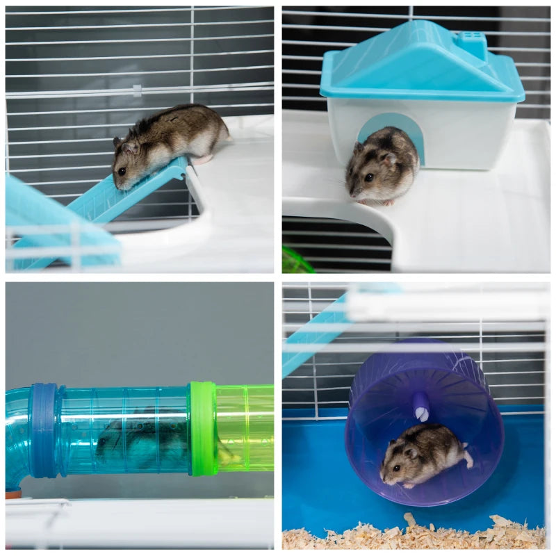Multi-Activity 5-Level Hamster Cage w/ Tubes,Water Bottle,Exercise Wheel - Blue