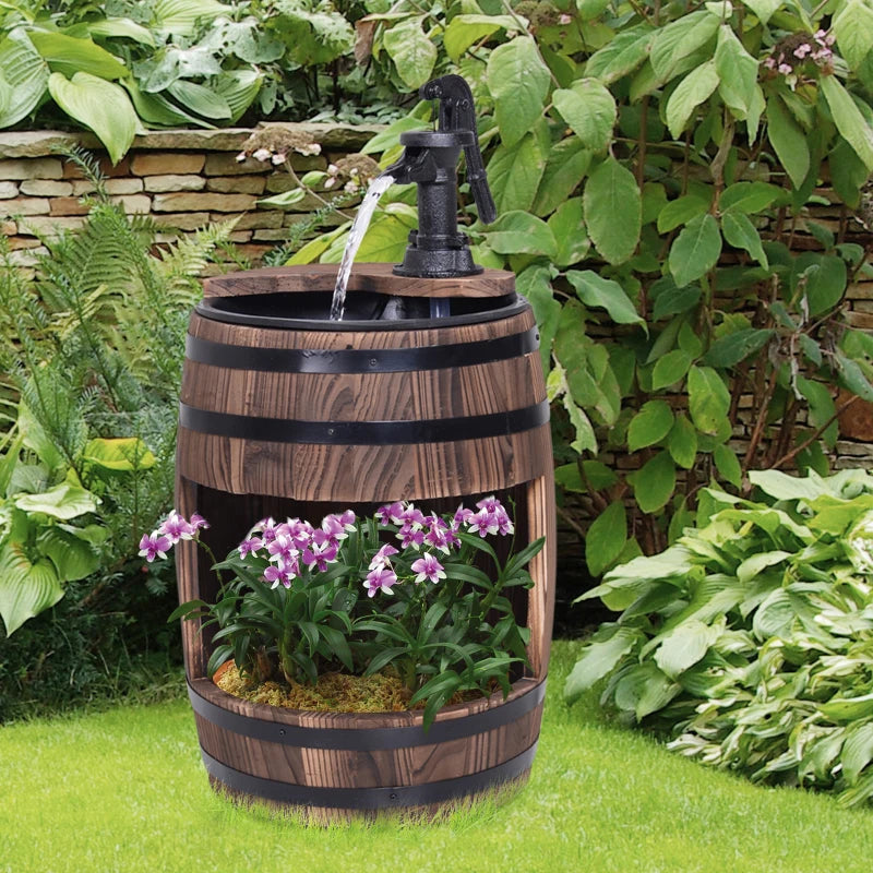 Outsunny Wood Barrel Fountain Retro Water Pump Feature Flower Planter, 3600 RPM